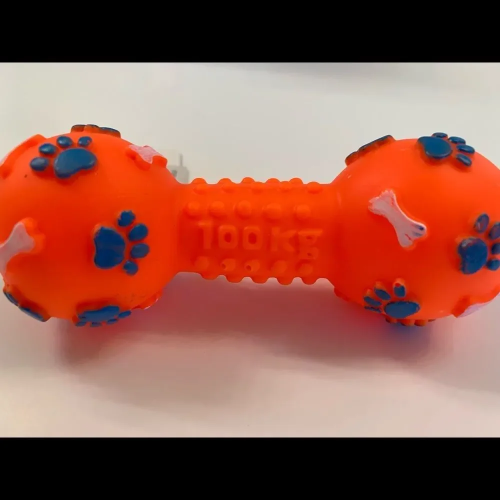 Pet- Squeaky Toy- Dumbbell W/ Paw Prints - Various Colors